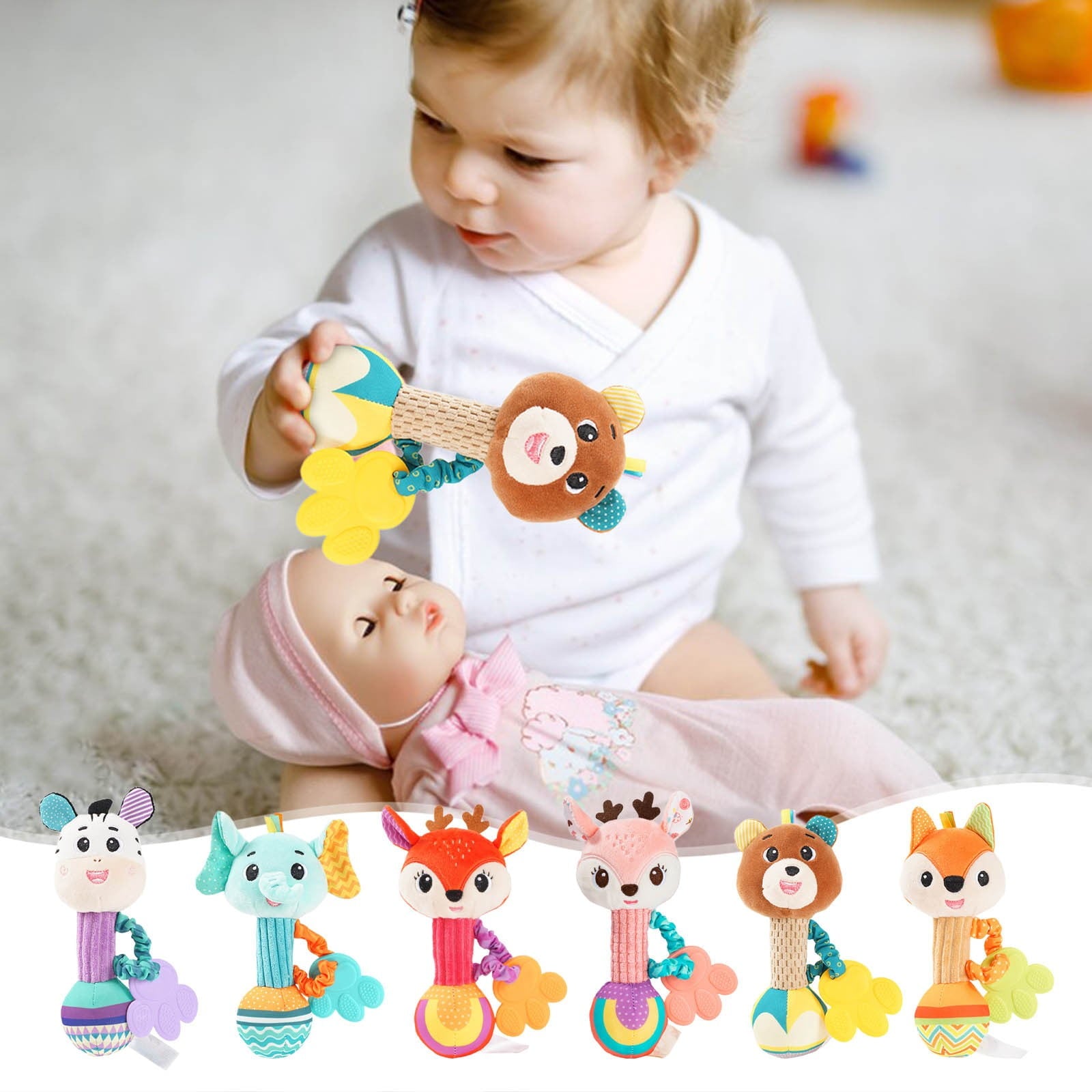 KOYPTL 2pcs Baby Soft Rattle Toys for Toddlers 0-6 Months,Fabric Ring Rattles Shaker Hand Grasp Sensory Toy Stuffed Animal for Infant 3 8 9 Months Soothing & Teething,Christmas Birthday Boy Girl Gift