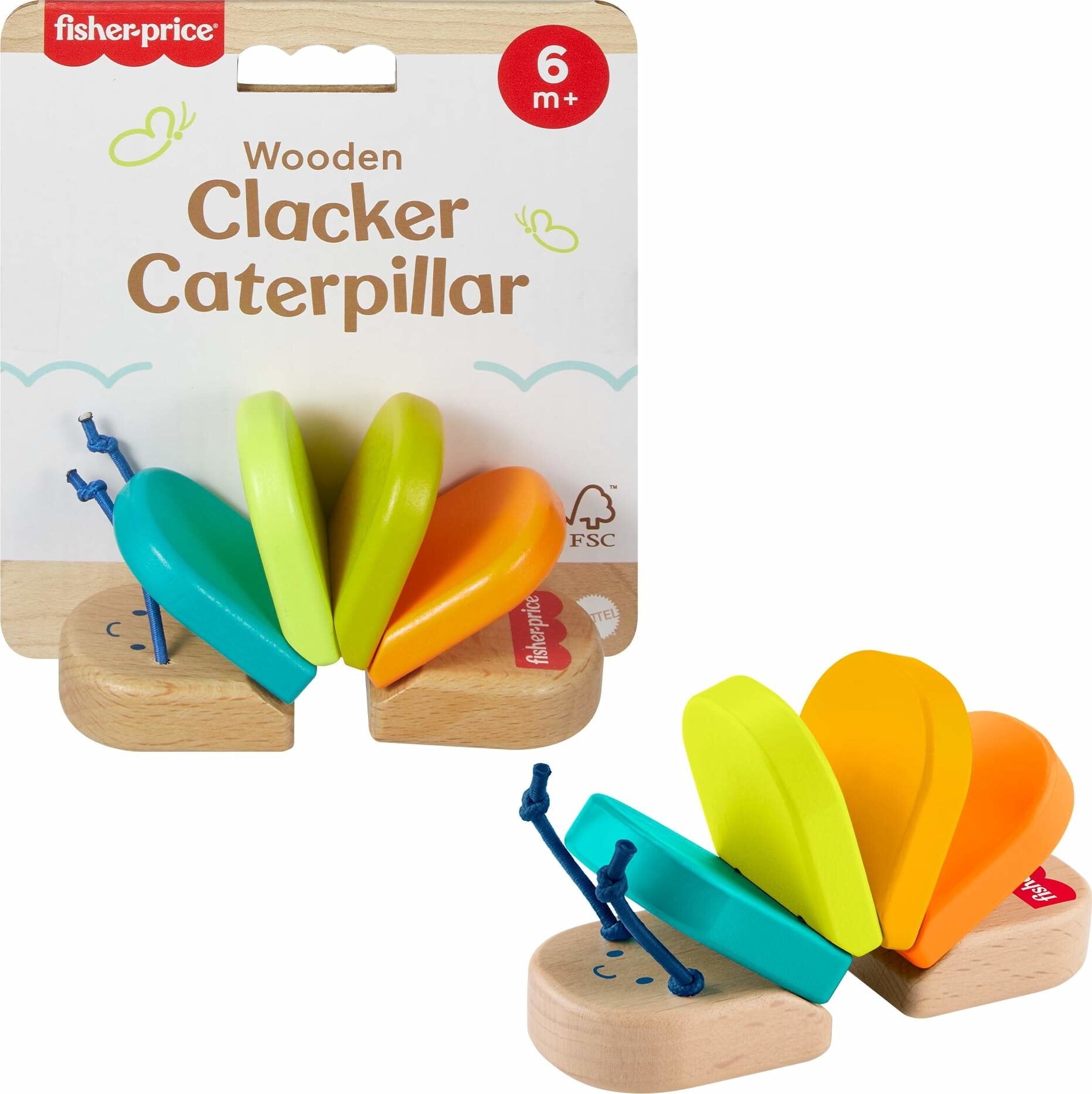 Fisher-Price Wooden Clacker Caterpillar Developmental Activity Rattle Toy for Infant, 1 Wood Piece