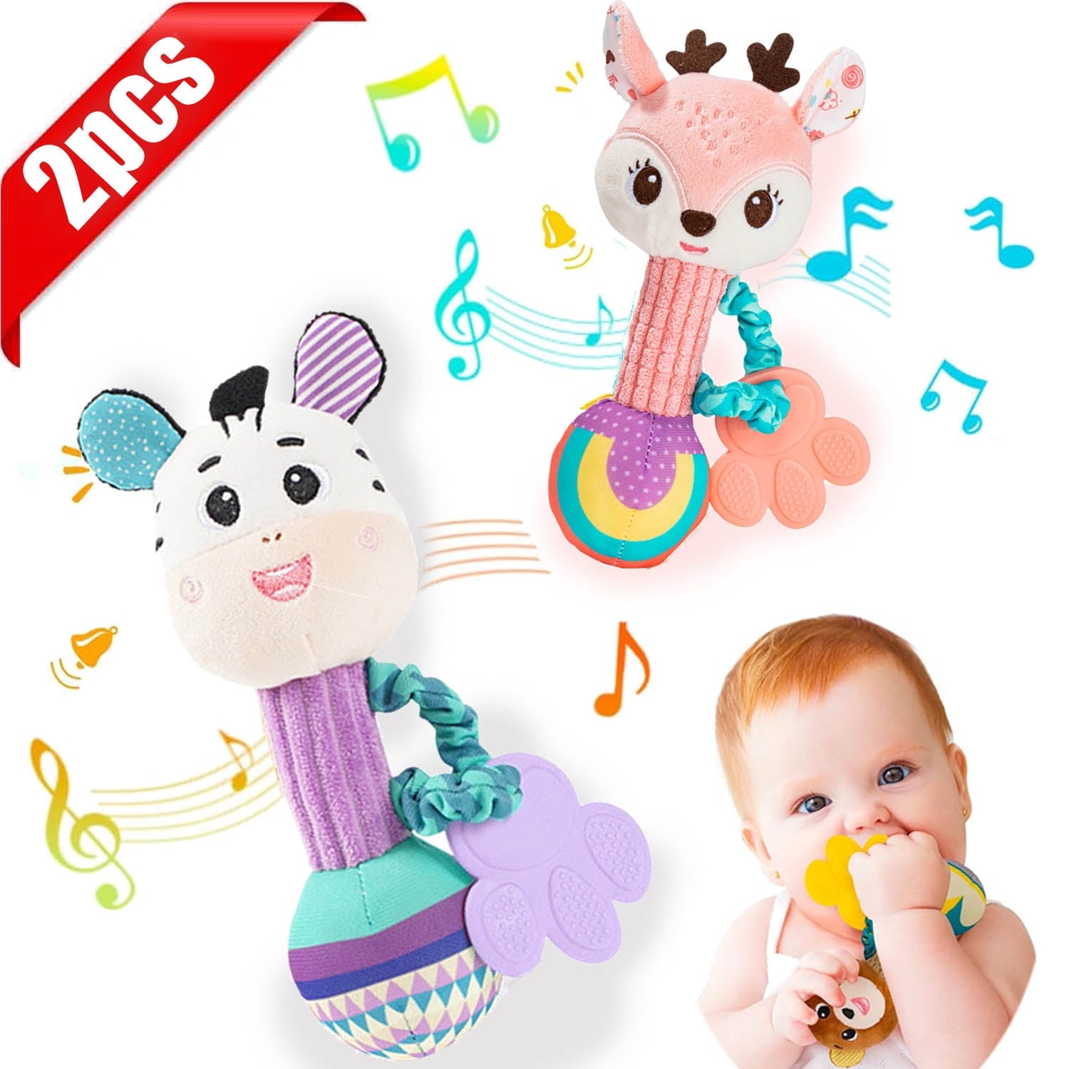 KOYPTL 2pcs Baby Soft Rattle Toys for Toddlers 0-6 Months,Fabric Ring Rattles Shaker Hand Grasp Sensory Toy Stuffed Animal for Infant 3 8 9 Months Soothing & Teething,Christmas Birthday Boy Girl Gift