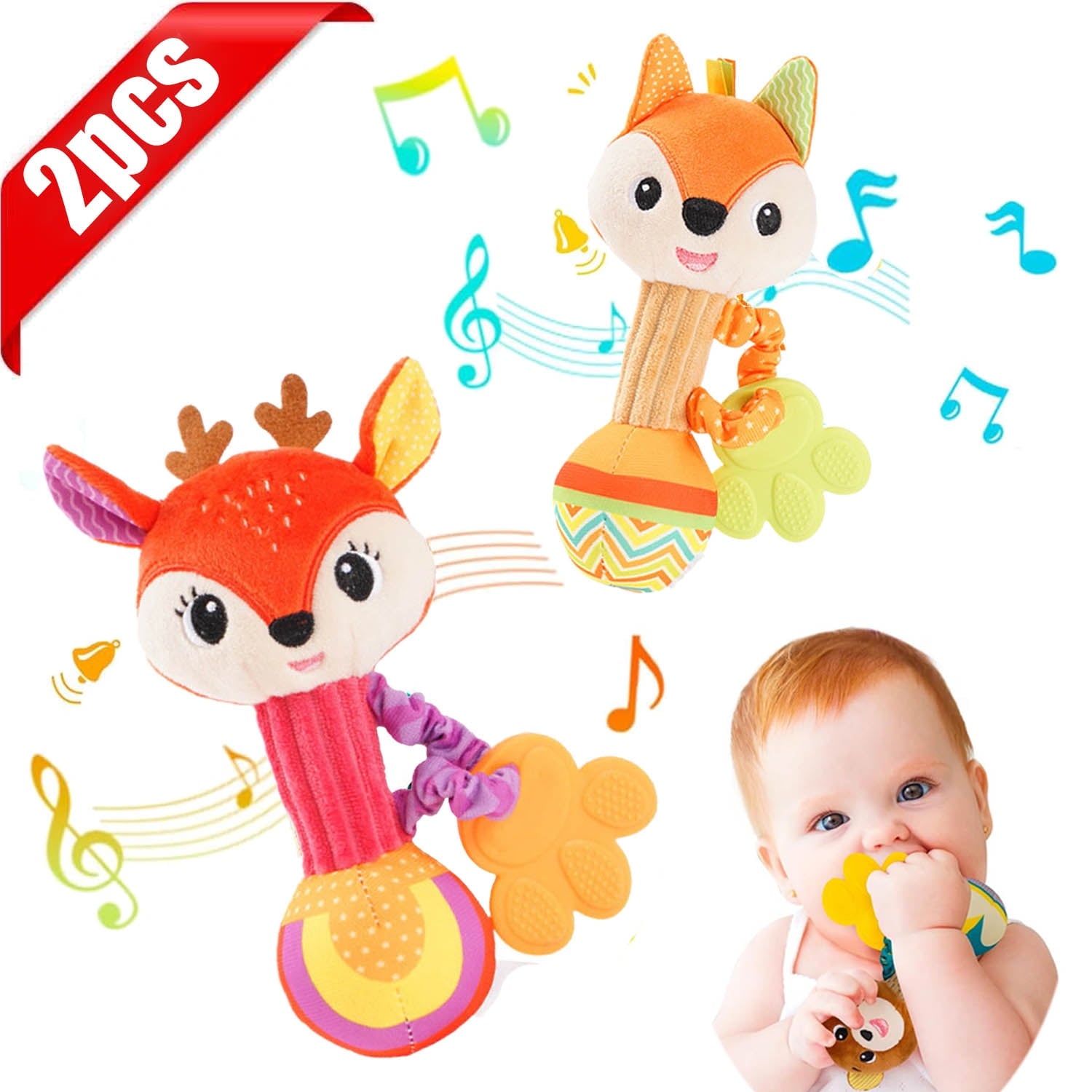 KOYPTL 2pcs Baby Soft Rattle Toys for Toddlers 0-6 Months,Fabric Ring Rattles Shaker Hand Grasp Sensory Toy Stuffed Animal for Infant 3 8 9 Months Soothing & Teething,Christmas Birthday Boy Girl Gift