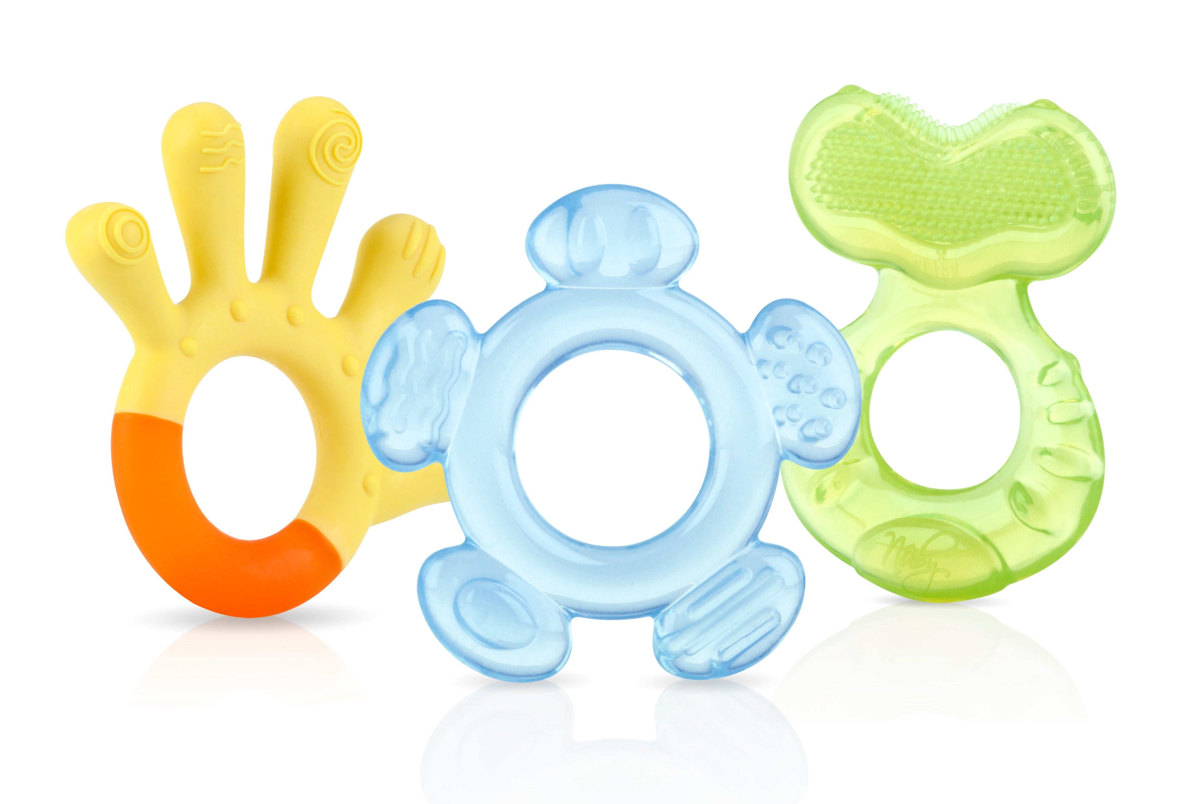 Nuby 3-Step Soothing Teether Set for Infants, Green/Blue/Yellow Unisex Baby Teethers, 3 Count