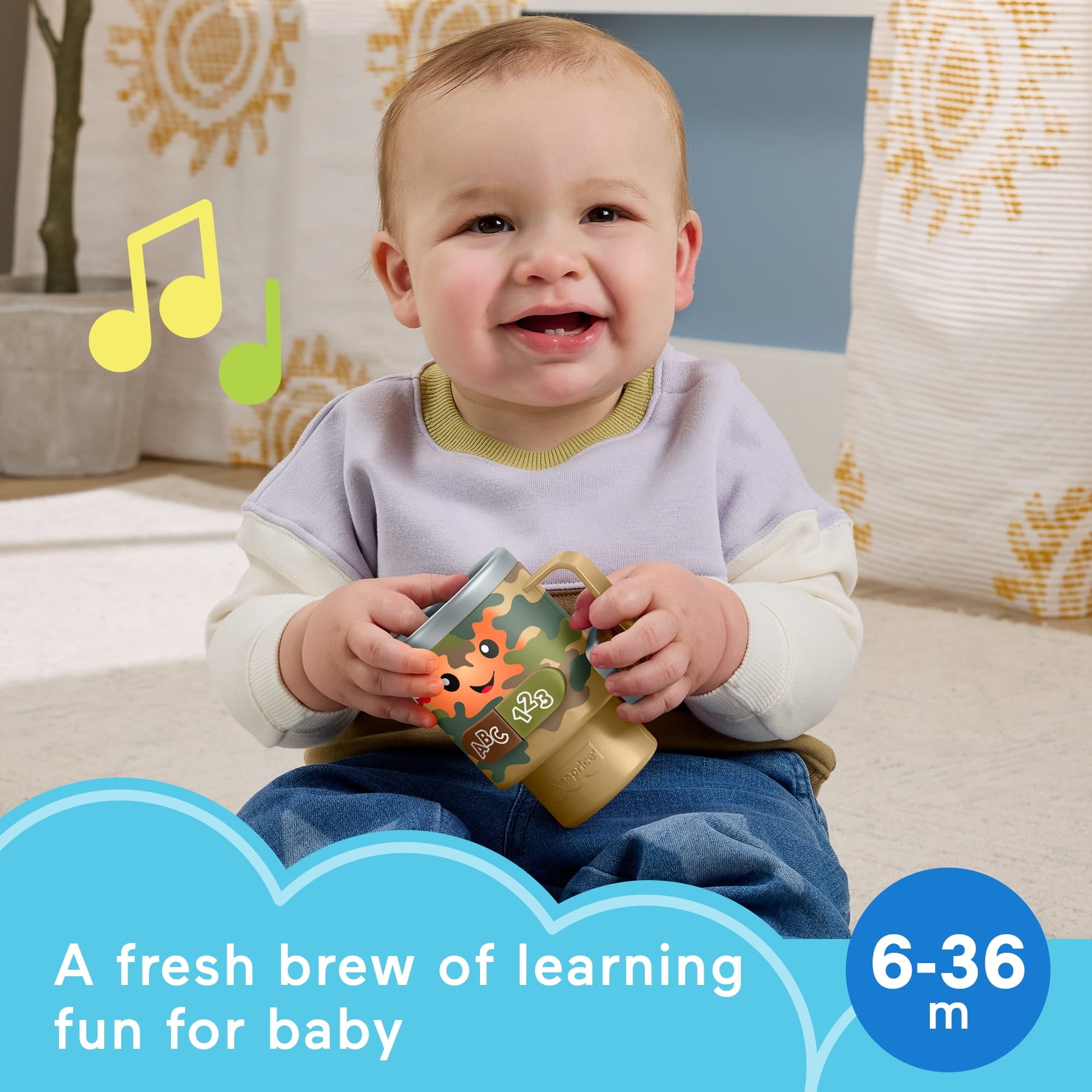 Fisher-Price Laugh & Learn Wake up & Learn Coffee Camo Mug Baby & Toddler Toy with Music & Lights